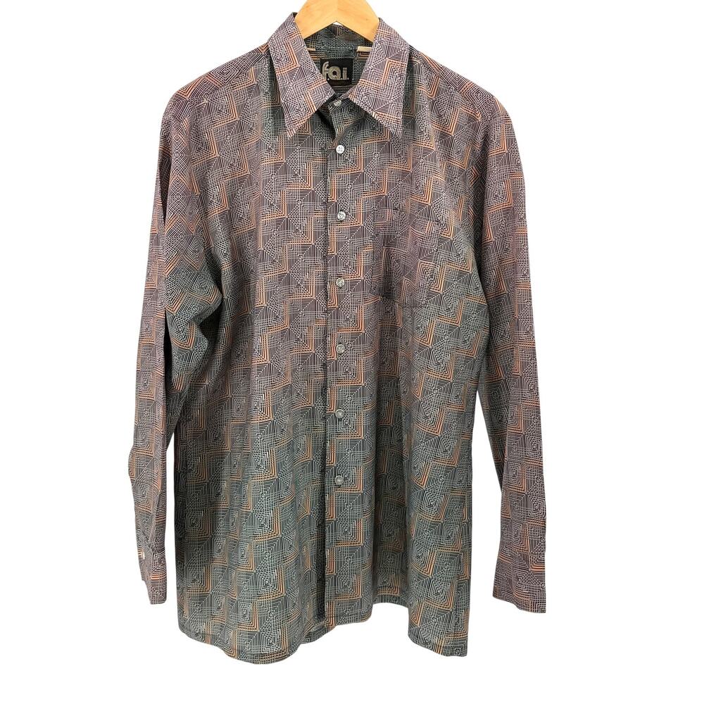 Vintage 70s FAI Polyester Brown Green Gradient Retro Disco Geometric Shirt
